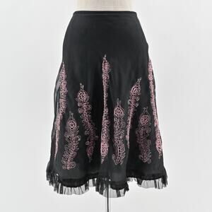 Vtg CAROLE LITTLE Skirt Size‎ 8 Black Silk Pink Embroidered Tulle Witchy ALine